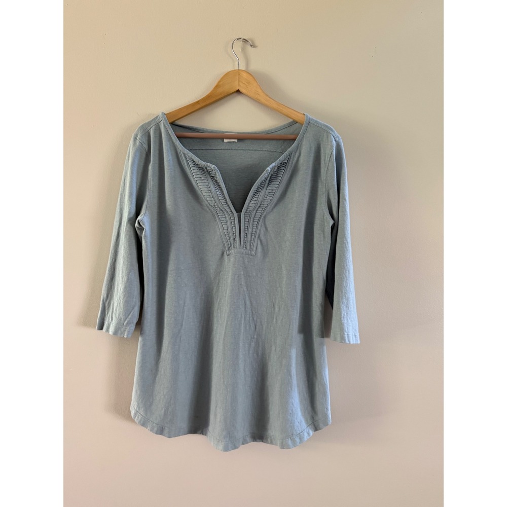 Poetry Blue Hemp Cotton Blend Pleated V-Neck 3/4 Sleeve Top V969 US 12
